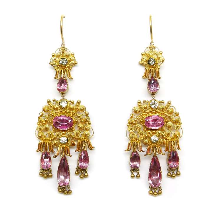 Pair of cannetille gold and pink foiled topaz pendant earrings